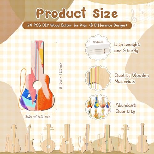 Syhood 24 Pcs DIY Wood Guitar Cutouts for Kids