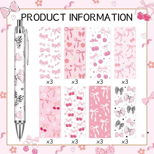 Pink Ballpoint Pens Favors - 24 Pcs Retractable Cute Bow Tie Design Pens