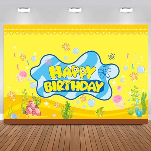 DUNSEO Cartoon Sponge Birthday Banner 5x3ft Backdrop