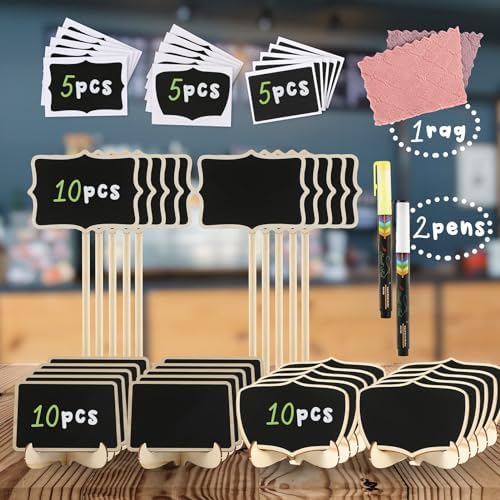 Mini Chalkboard Signs 30 Pack with Wooden Stand