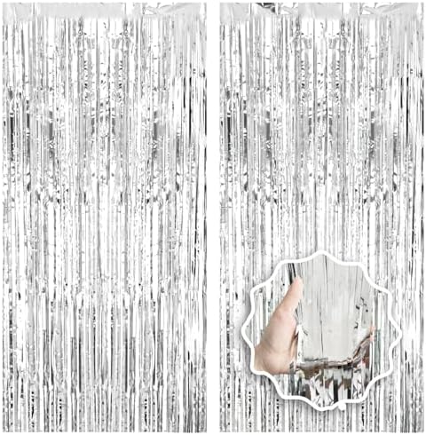 2 Pack Foil Curtain Backdrop with Silver Tinsel