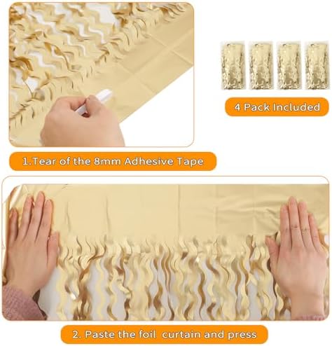 4 Pack Wavy Champagne Gold Metallic Tinsel Curtain Backdrop for Parties