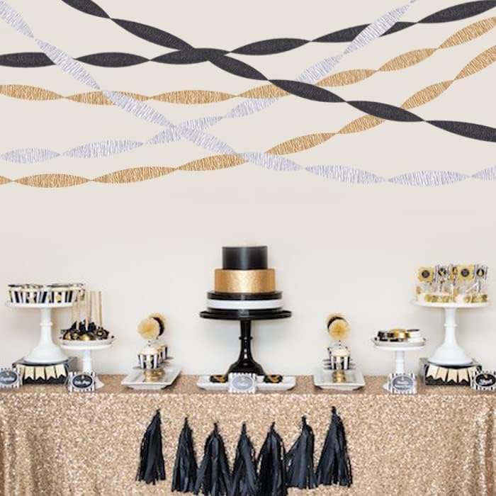 Qouui 6 Rolls Black and Gold Streamers Crepe Paper Kit