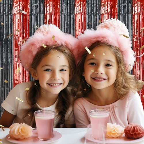2 Pack Foil Fringe Backdrop Red Black Shiny Tinsel Curtains