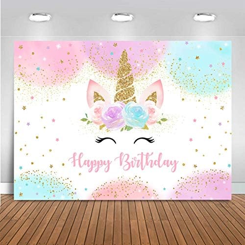 Mocsicka Unicorn Birthday Backdrop 5x3ft Pastel Rainbow Glitter