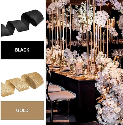 PartyWoo Crepe Paper Streamers 6 Rolls Black Gold