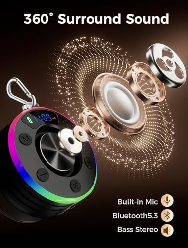 Bluetooth Shower Speaker Waterproof with RGB Lights and FM Radio