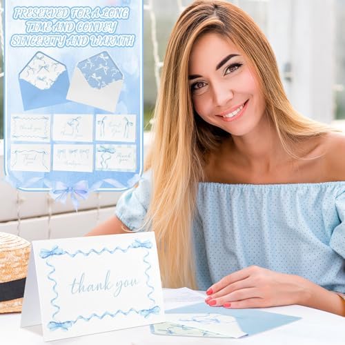 60 Blue Bow Thank You Cards with Envelopes 4x6