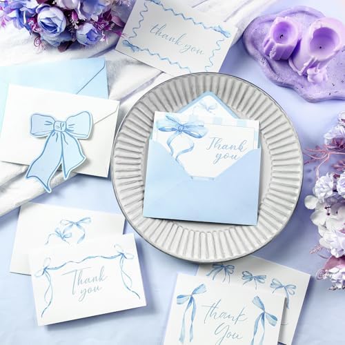 60 Blue Bow Thank You Cards with Envelopes 4x6