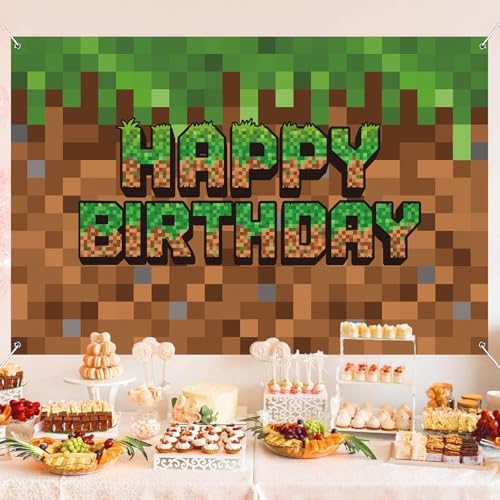 Green and Brown Video Game Themed Birthday Backdrop Banner