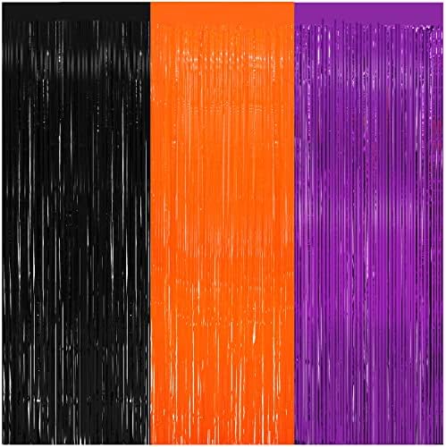 3 Pack Halloween Black Orange Tinsel Curtain Backdrop