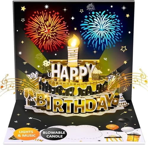 INPHER Age Birthday Card with Light Music Fireworks Pop Up Cake