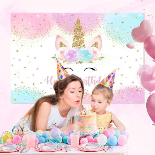 Mocsicka Unicorn Birthday Backdrop 5x3ft Pastel Rainbow Glitter