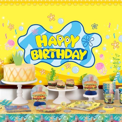 DUNSEO Cartoon Sponge Birthday Banner 5x3ft Backdrop