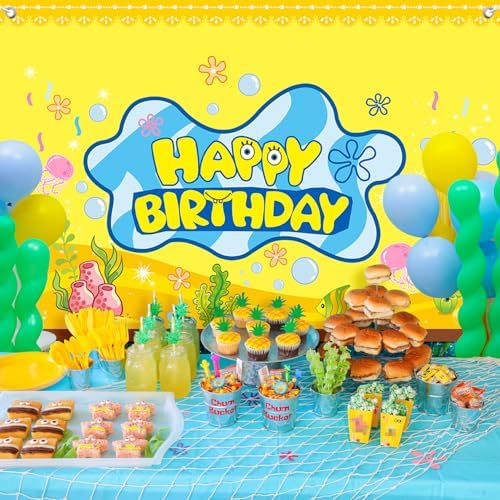 DUNSEO Cartoon Sponge Birthday Banner 5x3ft Backdrop