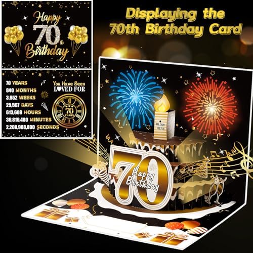 70th Birthday 3D Pop Up Cake Card with Fireworks and Music