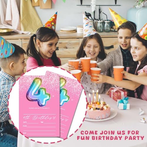 Pink 4th Birthday Invitation Cards 20 Pieces With Envelopes