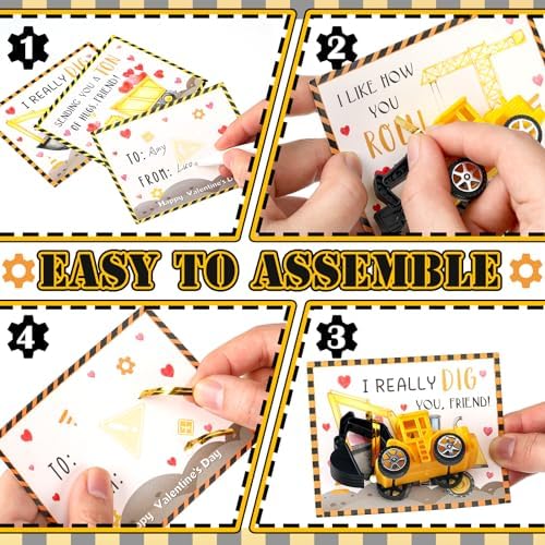 30 Construction Vehicle Valentine Cards Set for Classroom Party Favors