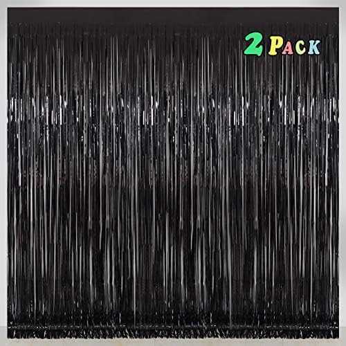 Melsan Black Foil Fringe Backdrop Curtains - 32 x 8 ft Pack of 2