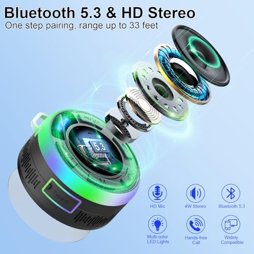 Bluetooth Shower Speaker with IP7 Waterproof and LED Lights