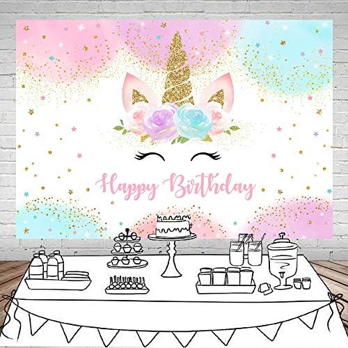 Mocsicka Unicorn Birthday Backdrop 5x3ft Pastel Rainbow Glitter