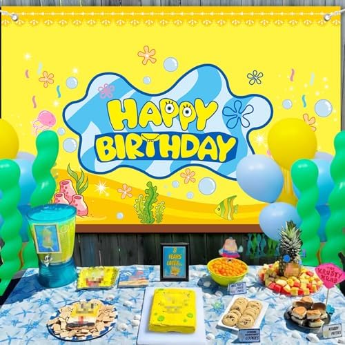 DUNSEO Cartoon Sponge Birthday Banner 5x3ft Backdrop