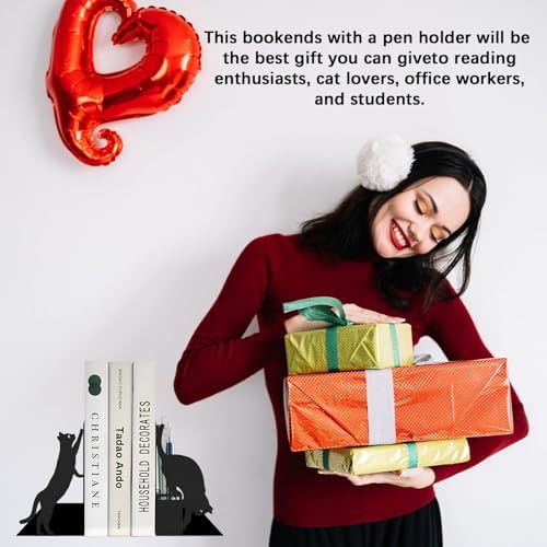 Cat Book Ends with Pen Holder for Desk and Bookshelf