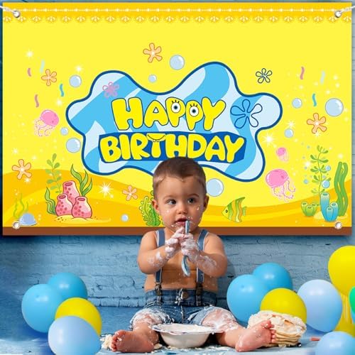 DUNSEO Cartoon Sponge Birthday Banner 5x3ft Backdrop