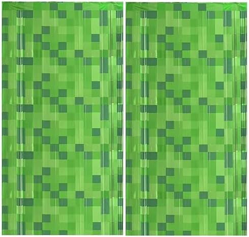 2 Pcs Pixel Green Miner Theme Tinsel Curtains