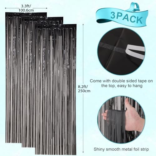 3 Pack Foil Fringe Curtains 33x82 Feet Black Backdrop for Parties
