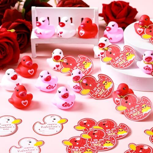 30 Valentines Day Rubber Ducks with Gift Cards and Gold Foil Strings