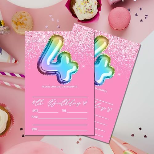 Pink 4th Birthday Invitation Cards 20 Pieces With Envelopes