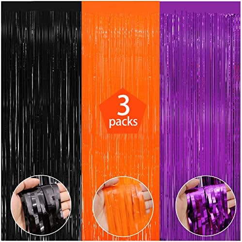 3 Pack Halloween Black Orange Tinsel Curtain Backdrop