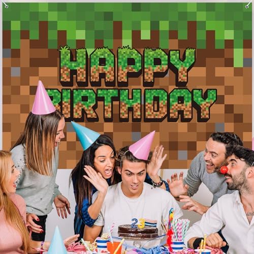 Green and Brown Video Game Themed Birthday Backdrop Banner