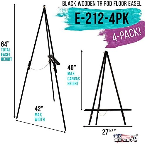US Art Supply 64 Inch Black Wooden Easel 4 Pack