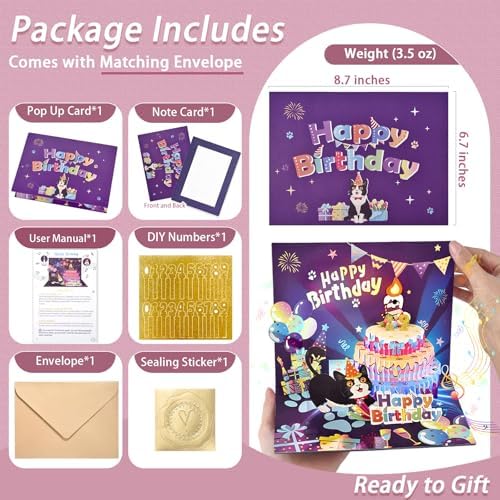 OBSEDE Cat Birthday Card with 3D Pop Up and Music