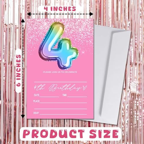 Pink 4th Birthday Invitation Cards 20 Pieces With Envelopes