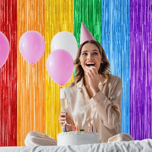 2 Pack Rainbow Foil Fringe Curtains for Party Decorations