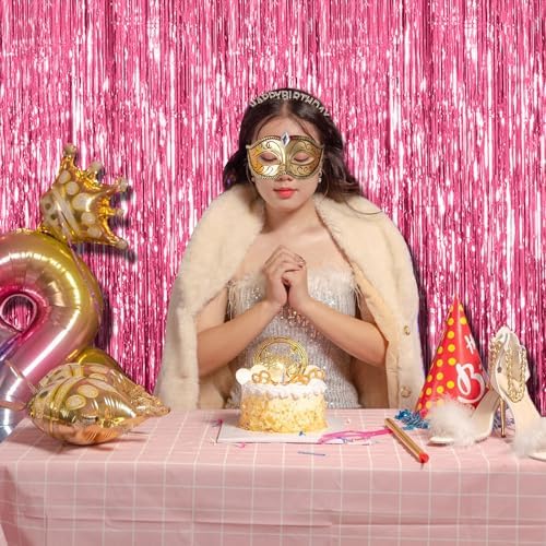 3 Pack Pink Tinsel Foil Backdrop Decorations for Parties