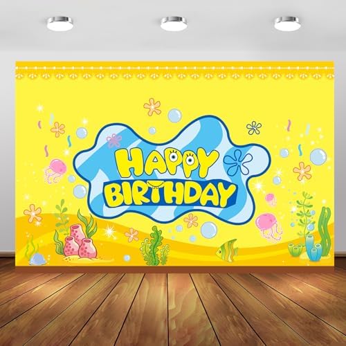 DUNSEO Cartoon Sponge Birthday Banner 5x3ft Backdrop