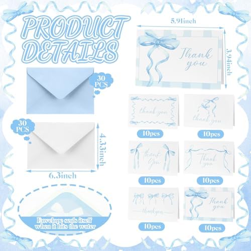 60 Blue Bow Thank You Cards with Envelopes 4x6