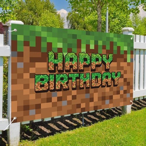 Green and Brown Video Game Themed Birthday Backdrop Banner
