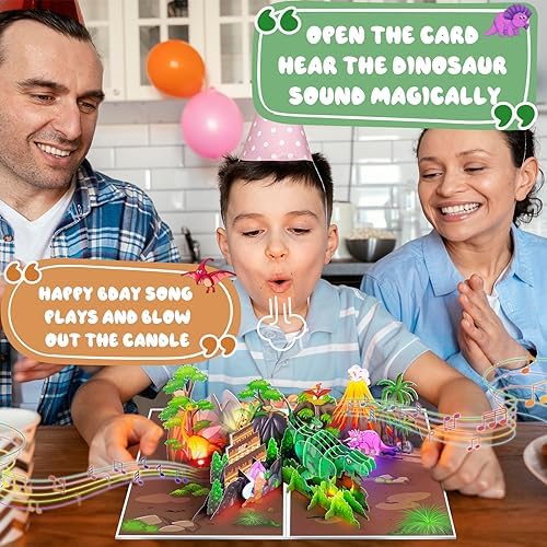 Dinosaur Musical Birthday Card with LED Lights and 3D Pop Up