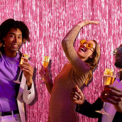 3 Pack Pink Tinsel Foil Backdrop Decorations for Parties