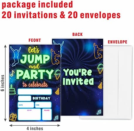 Glow Trampoline Birthday Invitations 20 Count With Envelopes