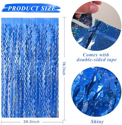 BOMSI Blue Wavy Tinsel Foil Fringe Curtain