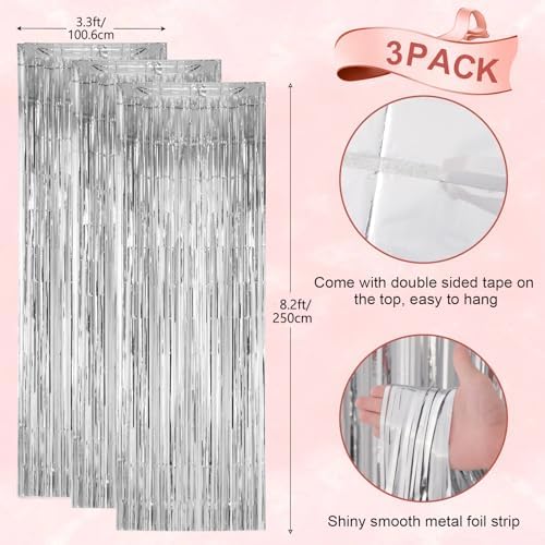 3 Pack 33x82 Feet Silver Foil Fringe Backdrop Curtains