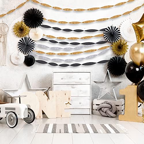 Qouui 6 Rolls Black and Gold Streamers Crepe Paper Kit