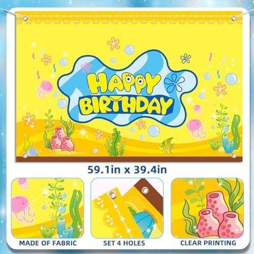 DUNSEO Cartoon Sponge Birthday Banner 5x3ft Backdrop