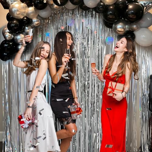 2 Pack Foil Curtain Backdrop with Silver Tinsel
